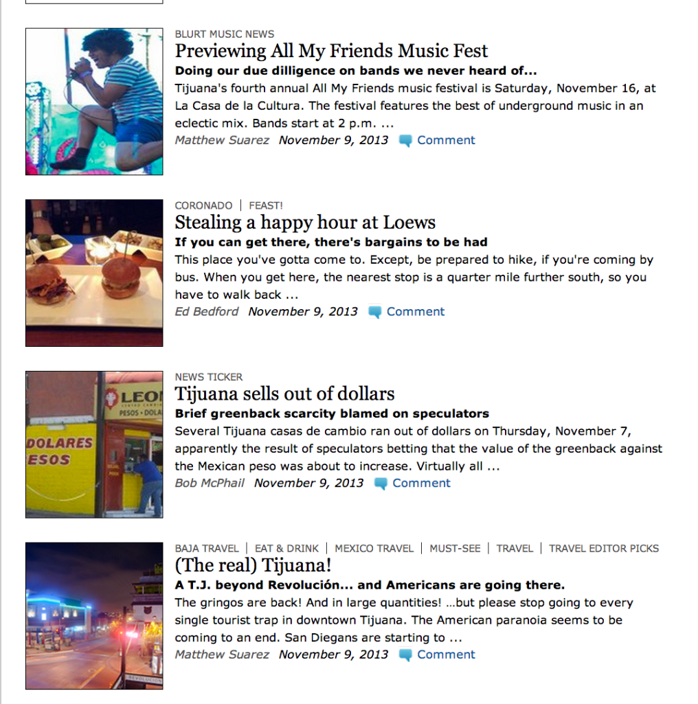 Screencap of my articles published in the San Diego Reader